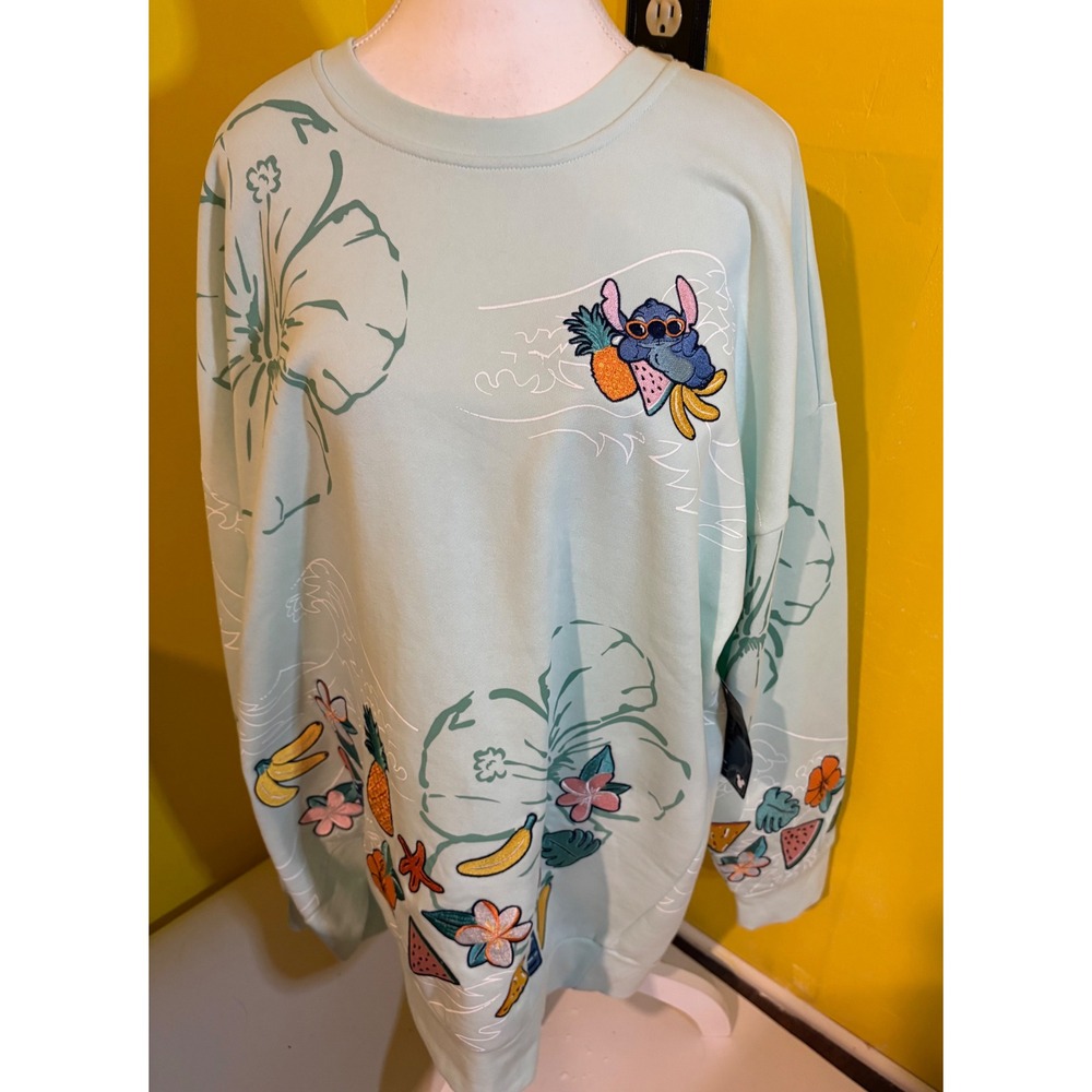 NWT Disney Stitch Embroidered Hibiscus Pineapple Floral Pullover Sweater 2XL